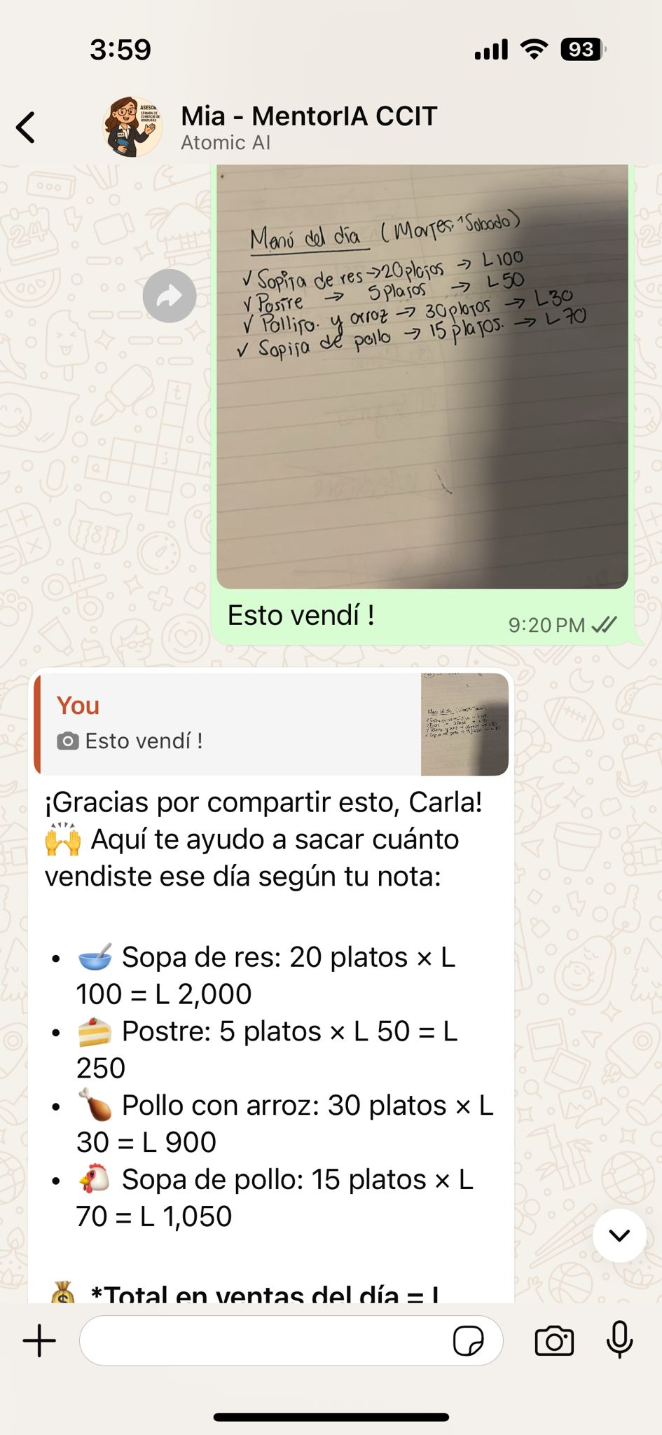 Real Mia conversation — Carla shares handwritten sales notes, Mia tabulates daily sales in Lempiras.
